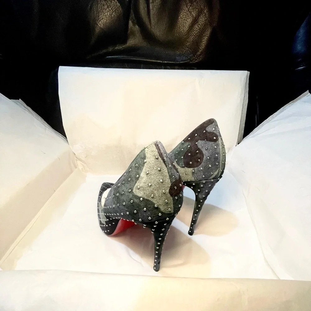 Christian Louboutin Kate 100 Studded blue green camouflage suede stiletto 38
